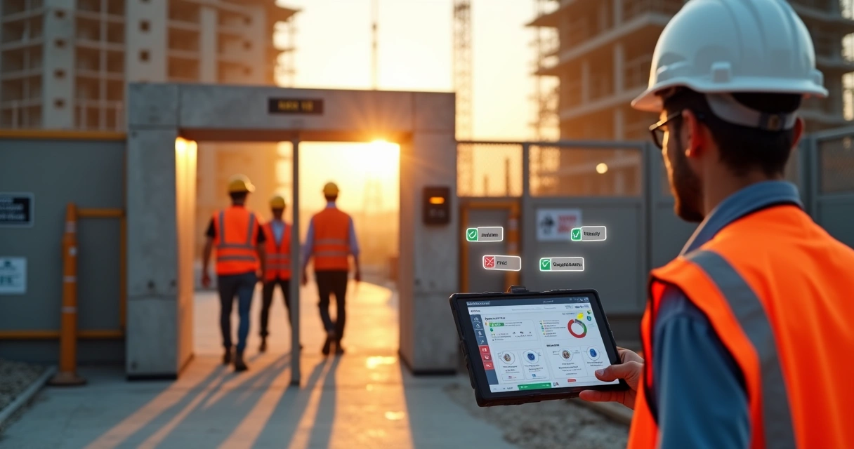 Fiscal confere uso de EPI em frente a painel digital de checklist de segurança 