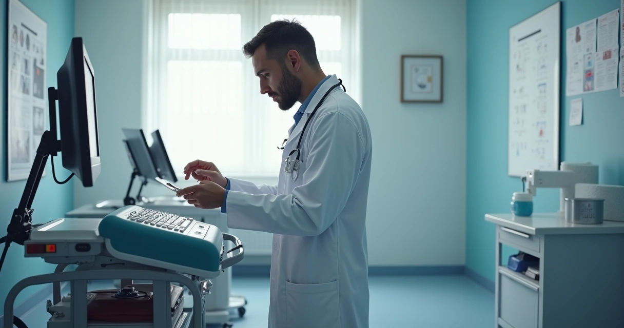 Profissional de saúde checando equipamento médico em uma sala de atendimento. 