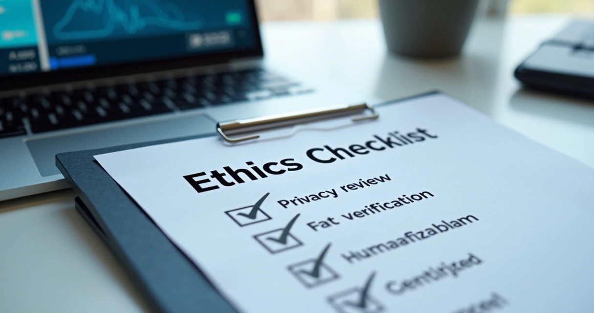 Checklist ético ao lado de tela com resposta de inteligência artificial