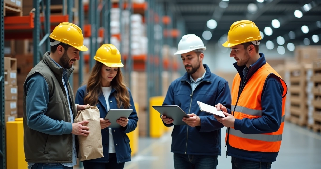 Equipe checando qualidade de matéria-prima industrial 