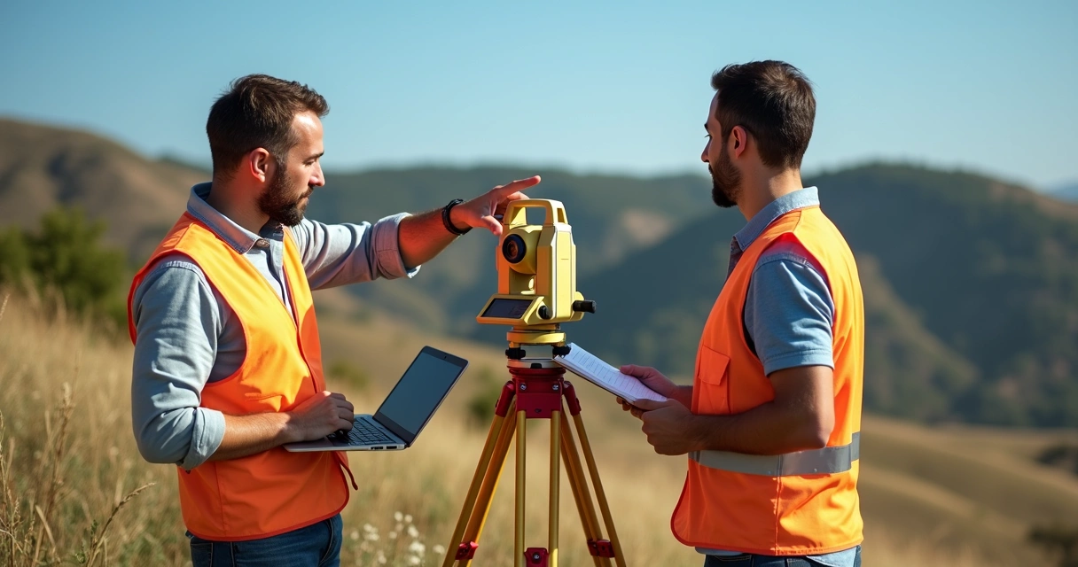 Profissionais conferindo dados de levantamento topográfico em campo com notebook e equipamentos 