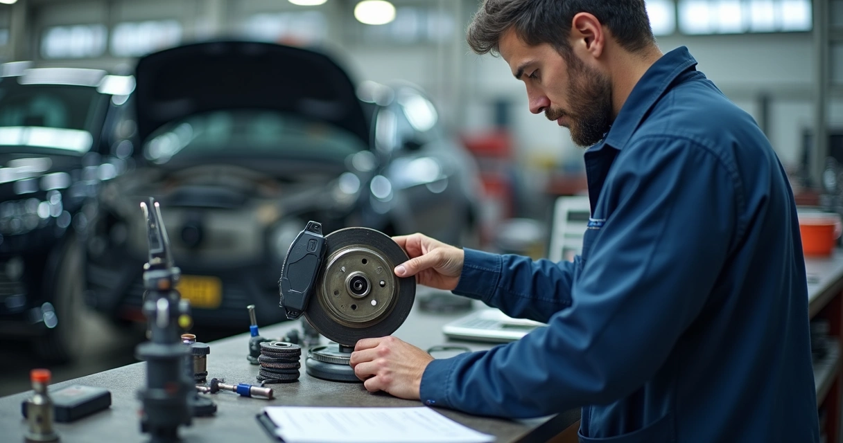 Técnico verificando pastilha de freio e bico injetor em bancada
