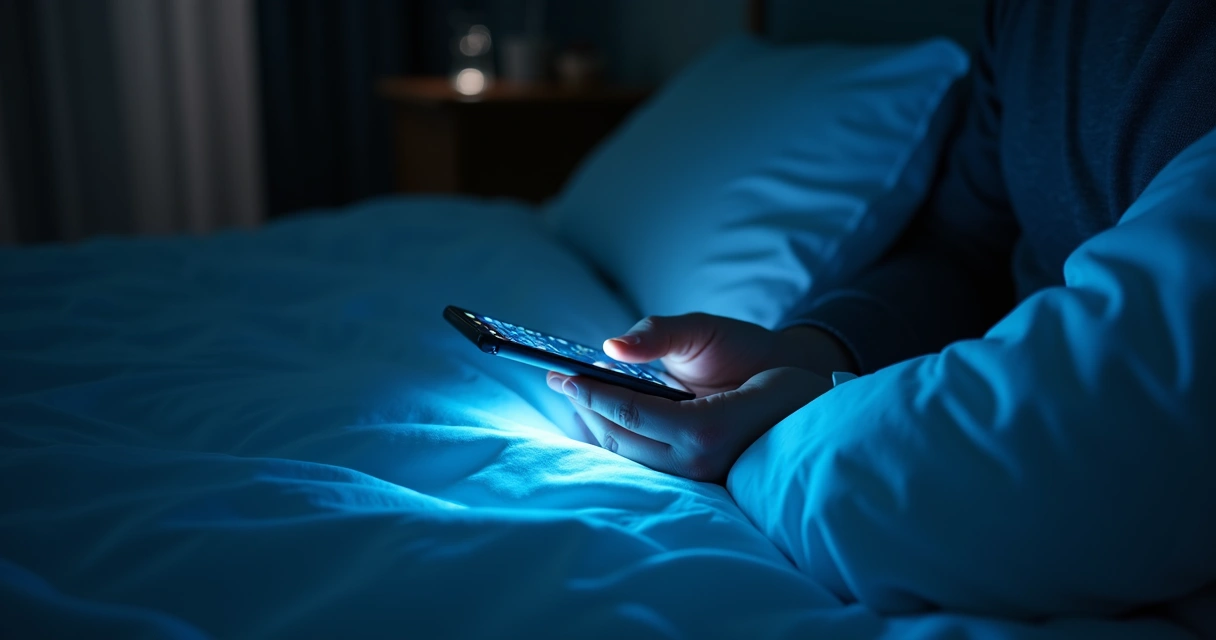 Mão segurando celular aceso em quarto escuro durante a noite