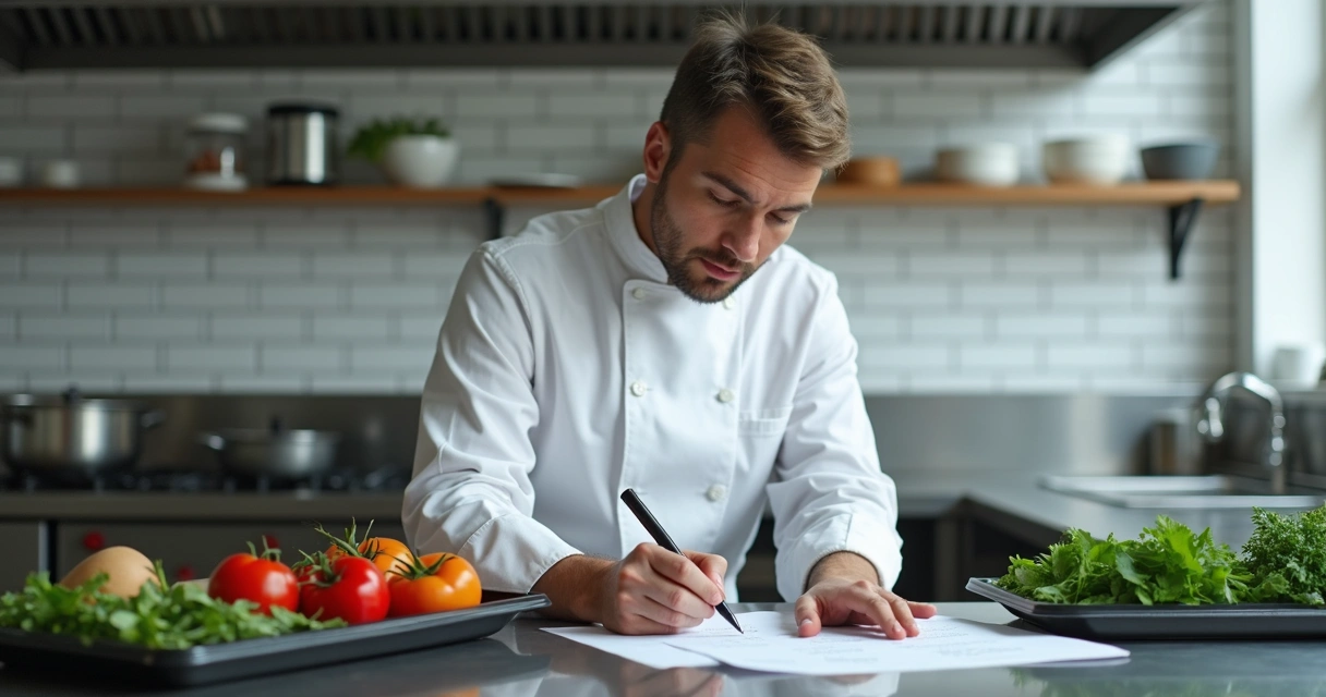 Chefe de cozinha anotando indicadores em planilha 