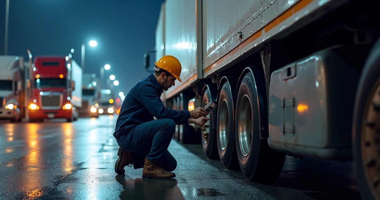 Motorista checando calibragem de pneus em caminhão 