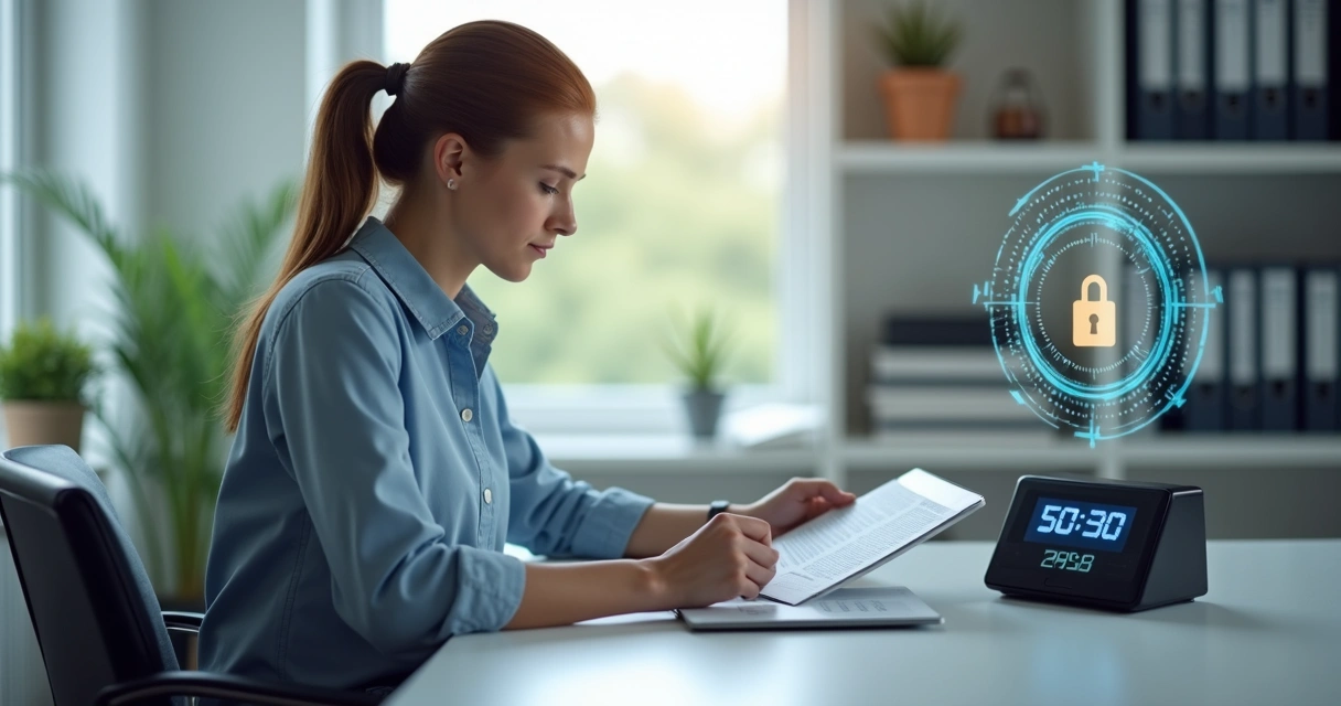 Tecnólogo analisando checklist de conformidade para ponto eletrônico em escritório moderno 