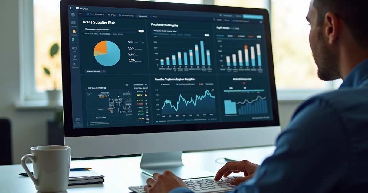 Gestor analisando relatórios de risco em tela de computador