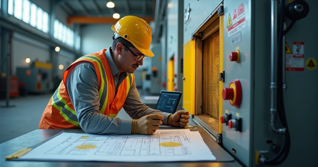 Técnico inspecionando proteção de grade em máquina industrial 