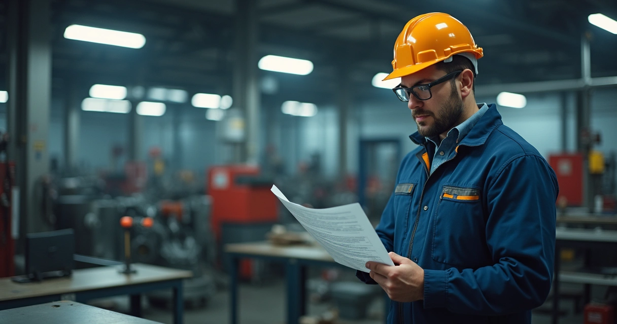 Técnico conferindo checklist de segurança em oficina mecânica, com ferramentas organizadas e ambiente limpo e iluminado