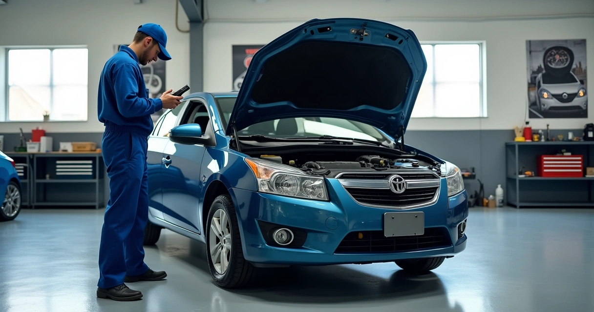 Mecânico inspecionando a parte interna do capô de carro usado com ferramentas em oficina limpa 