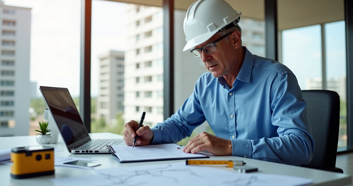 Engenheiro conferindo checklist de vistoria em prancheta 