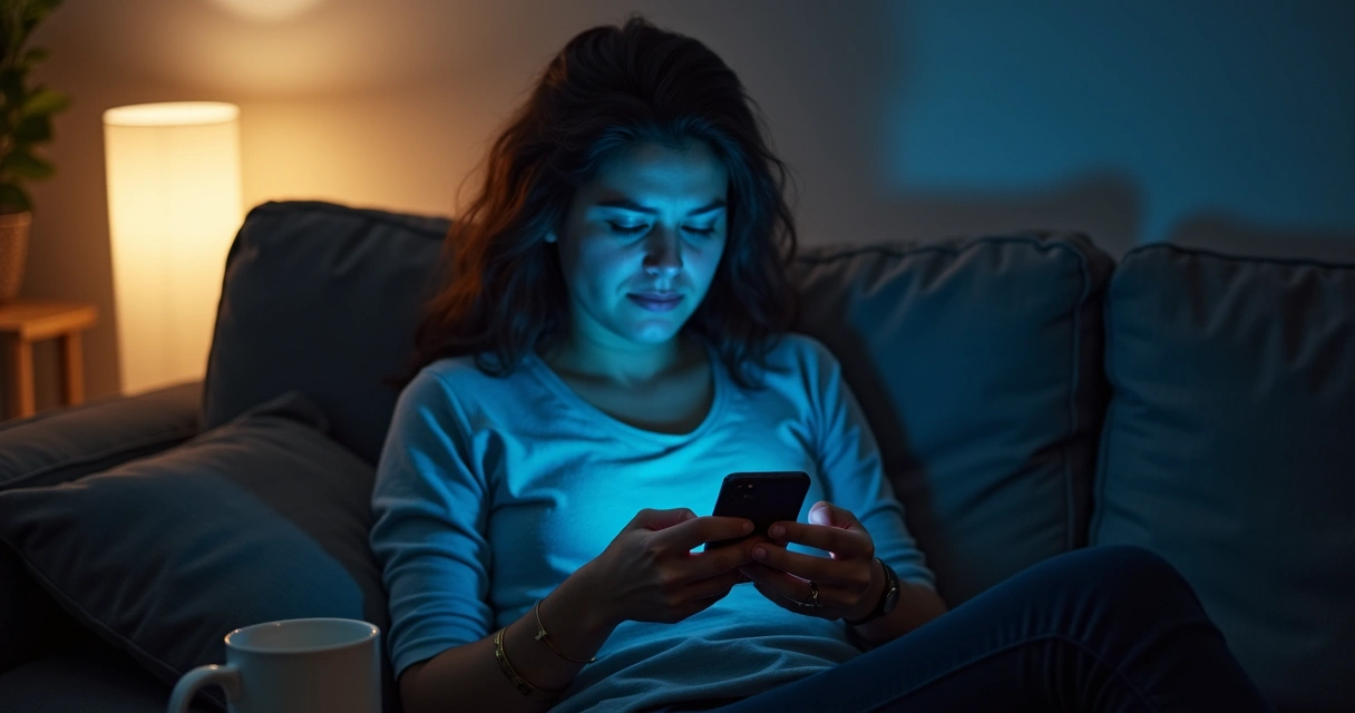 Pessoa olhando o celular sozinha no sofá