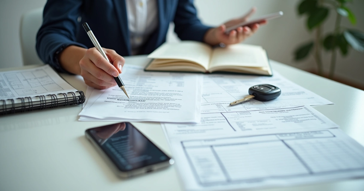 Pessoa checando documentos e chave de carro 