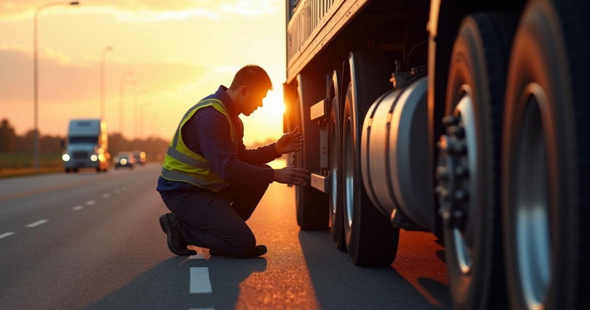 Motorista checando pneu do caminhão na estrada 