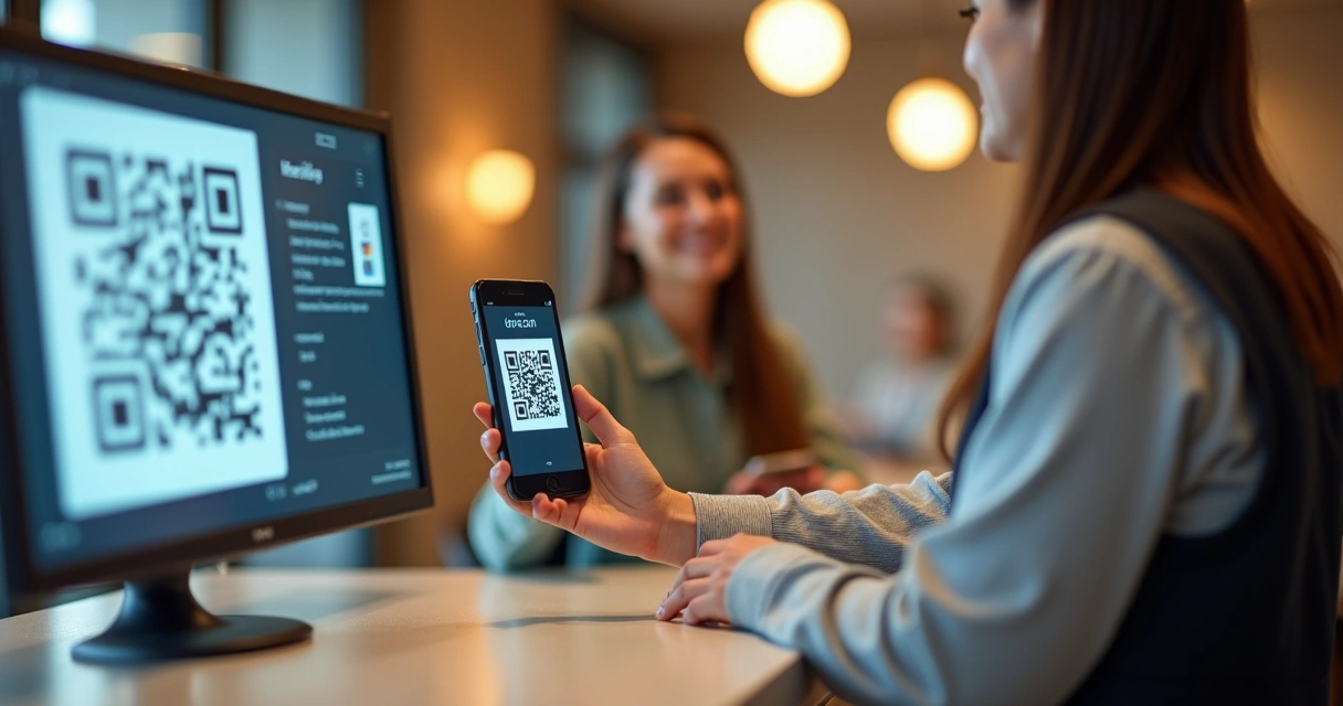 Recepcionista escaneando QR Code de hóspede em hotel 
