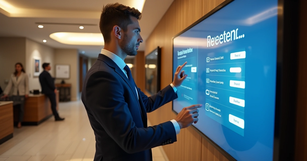 Recepcionista digital atendendo hóspede em tela touch no lobby do hotel 