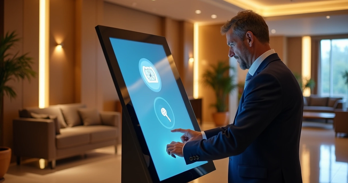 Recepcionista digital em tela touch ao lado de hóspede 