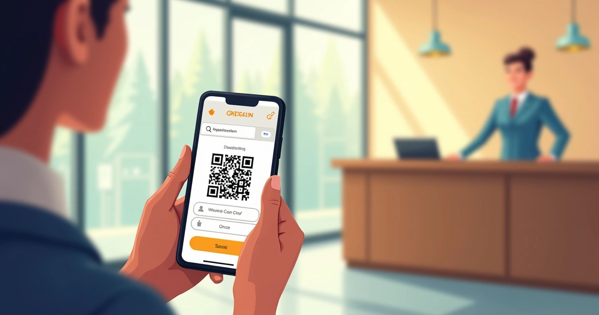 Pessoa com smartphone apontando para QR code na recepção do hotel 