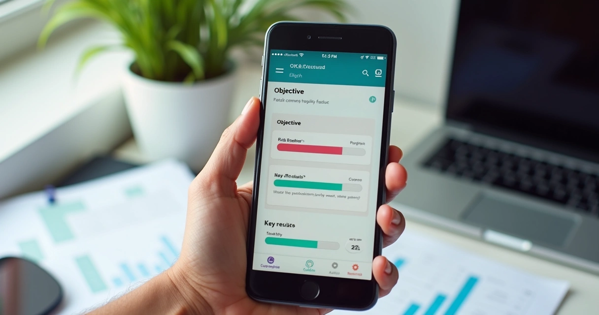 Tela de smartphone mostrando atualização de OKR em aplicativo com interface moderna 