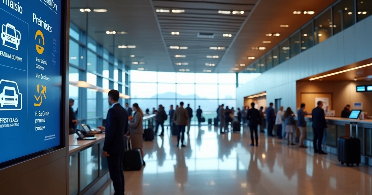 Balcão de check-in com painel de classes de cabine e passageiros aguardando