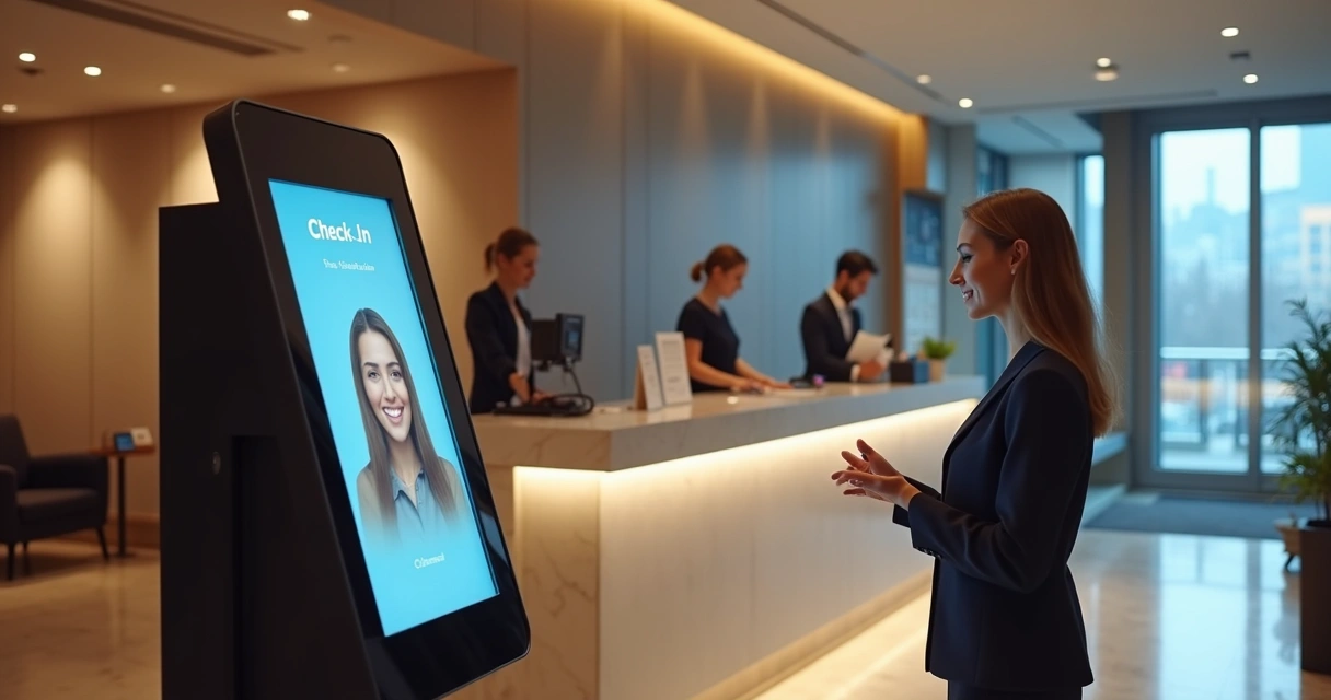 Hóspede em hotel usando totem de check-in automático com reconhecimento facial ao lado de funcionários na recepção 