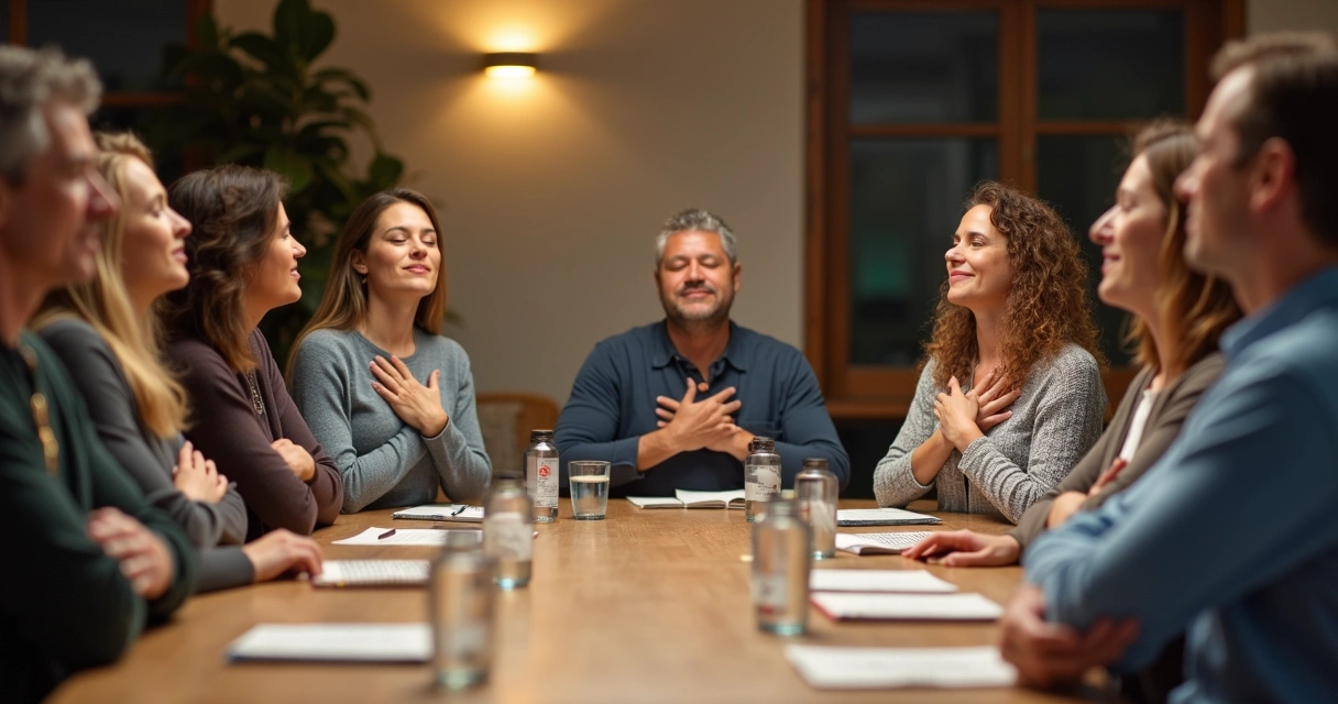 Participantes de coaching em grupo em momento de check-in inicial 
