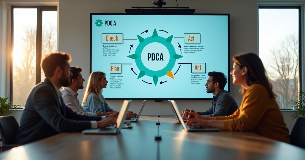 Colaboradores reunidos ao redor de um dashboard digital, fazendo o check-in PDCA semanal, com expressões de concentração e engajamento 
