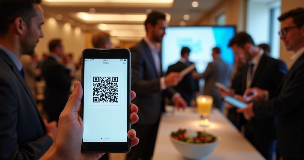 Pessoa utilizando aplicativo de evento com QR Code disponível na tela 