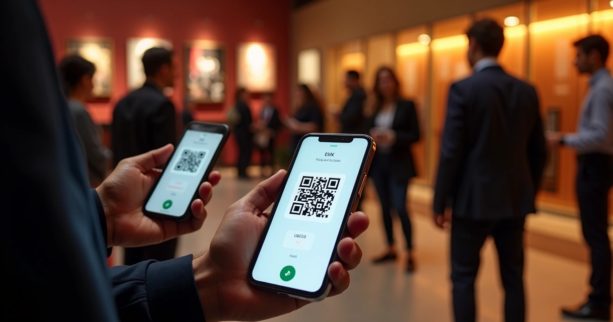 Funcionário faz check-in de ingresso com QR Code na entrada de teatro lotado 