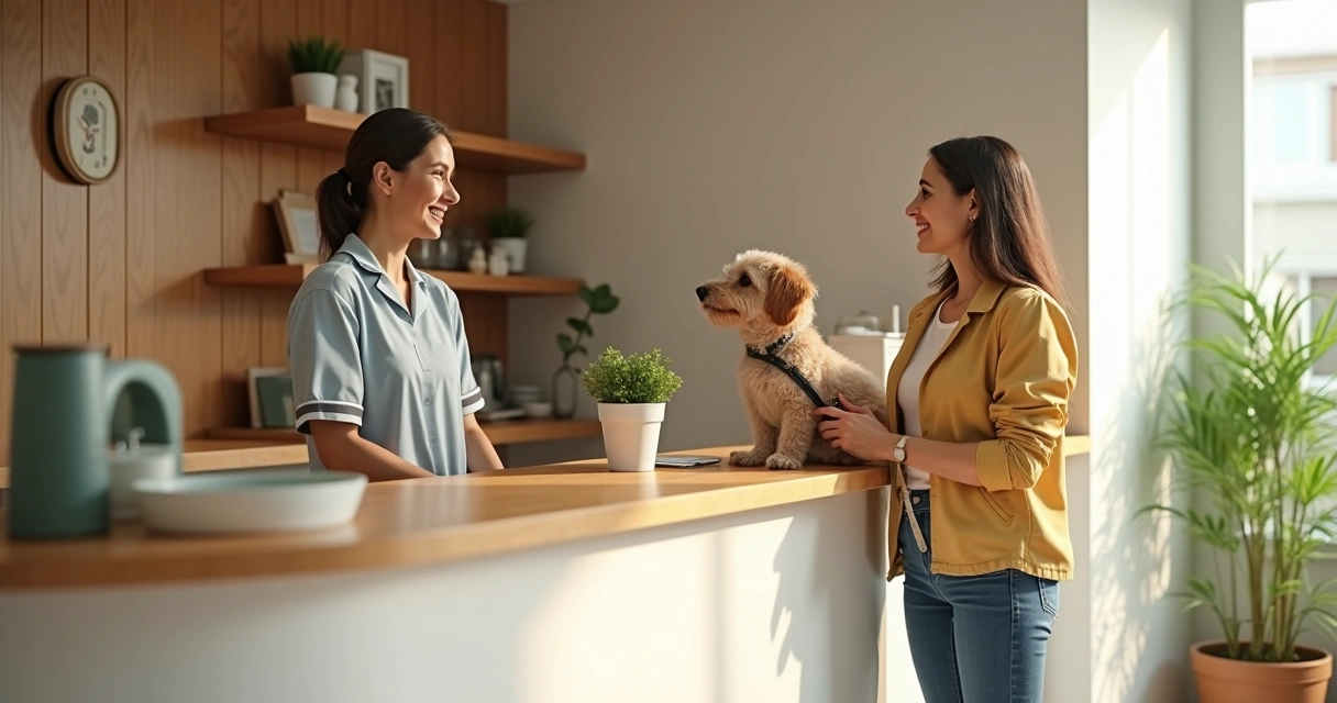 Recepcionista cumprimenta tutor e cachorro no balcão de um hotel para pets