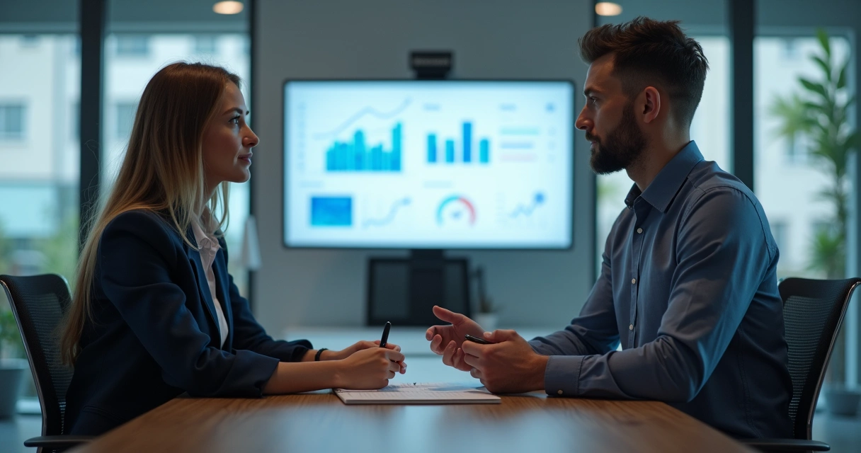 Gestor faz check-in semanal com colaborador usando notebook em ambiente moderno 