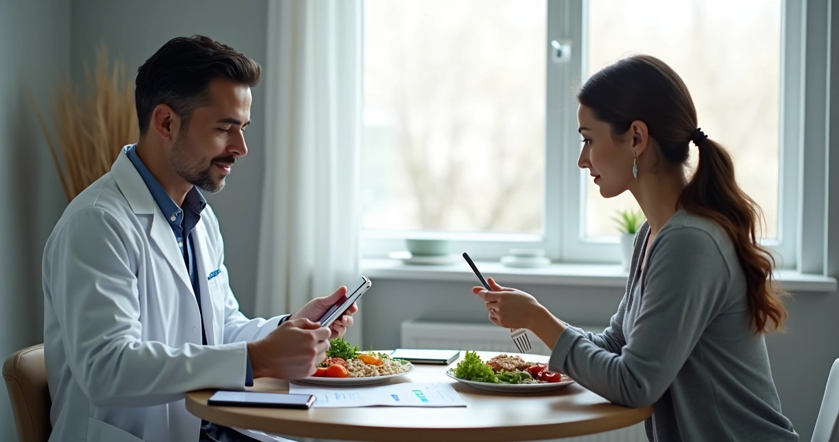 Nutricionista observando paciente fazendo check-in alimentar antes da refeição 