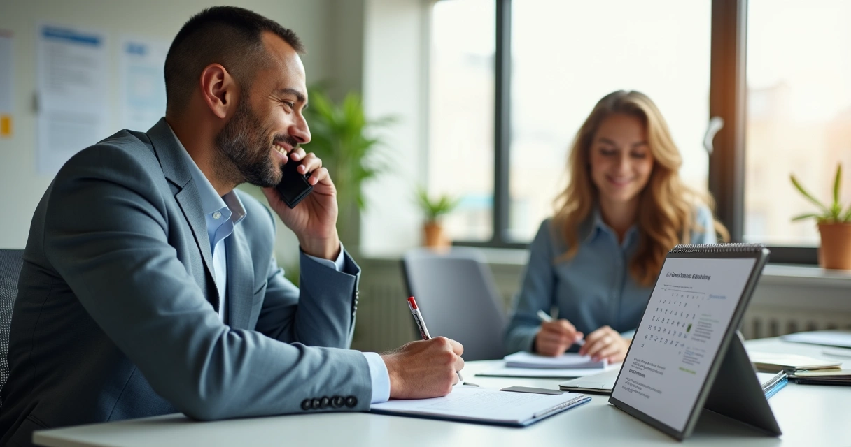 Gestor de vendas fazendo check-in por ligação com cliente após 30 dias da venda, escritório moderno, cliente satisfeito anotando algo
