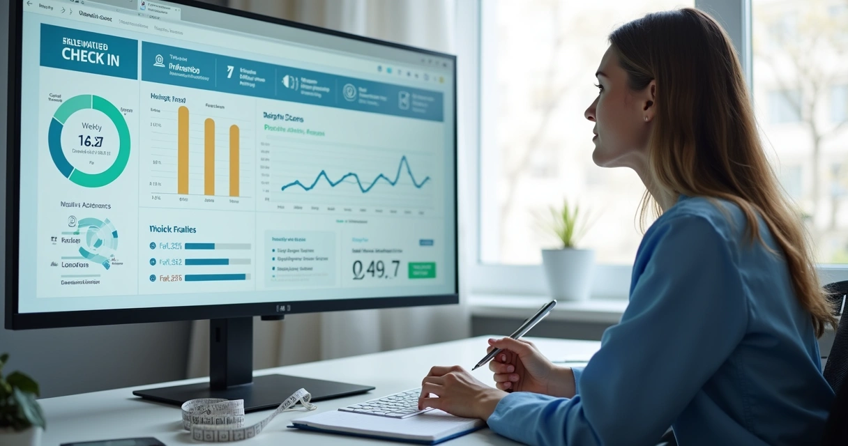 Nutricionista revisando check-in semanal em painel digital 
