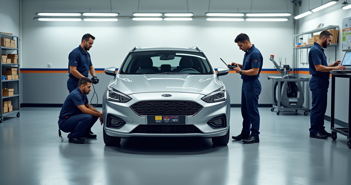 Vista superior de mecânicos inspecionando carro em centro automotivo moderno 