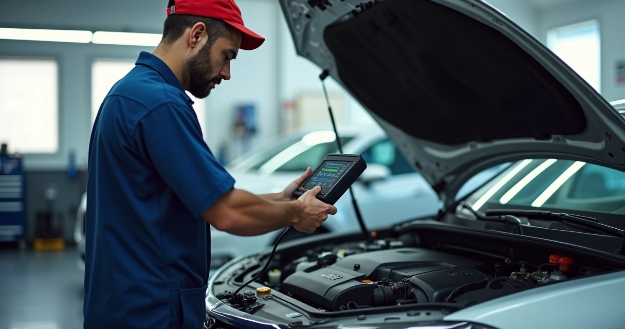 Mecânico analisando motor com scanner em oficina moderna