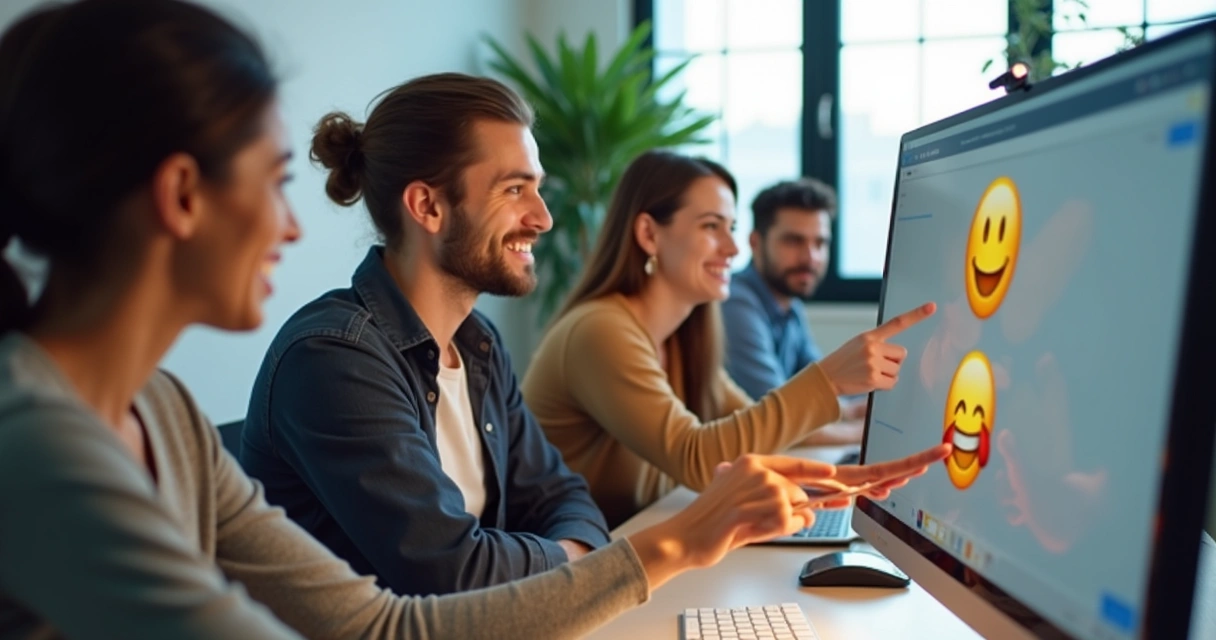 Check-in emocional em equipe, pessoas apontando emojis numa tela durante reunião online 