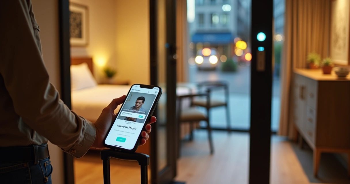 Hóspede fazendo check-in com mala usando aplicativo de locação de temporada 