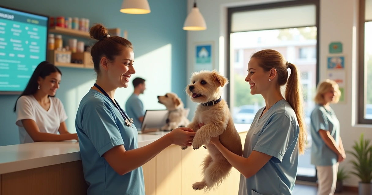 Tutor entregando um pet para atendente sorridente no balcão de recepção de creche para animais 