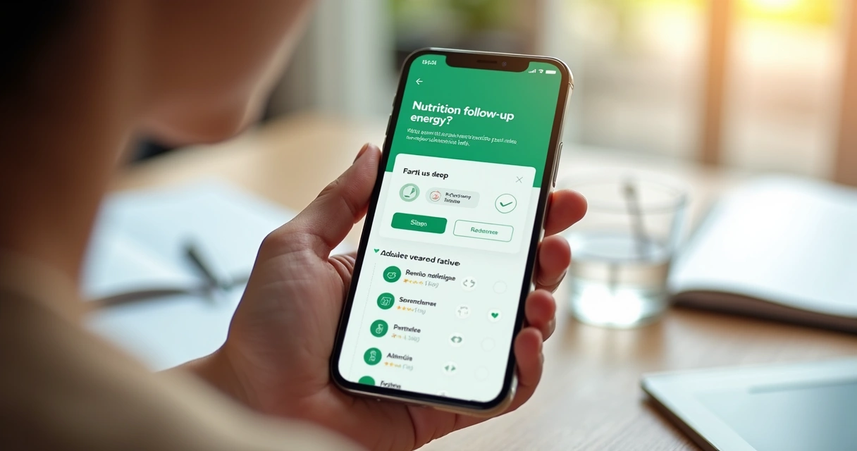 Check-in de fadiga do paciente em smartphone com mensagens de acompanhamento 