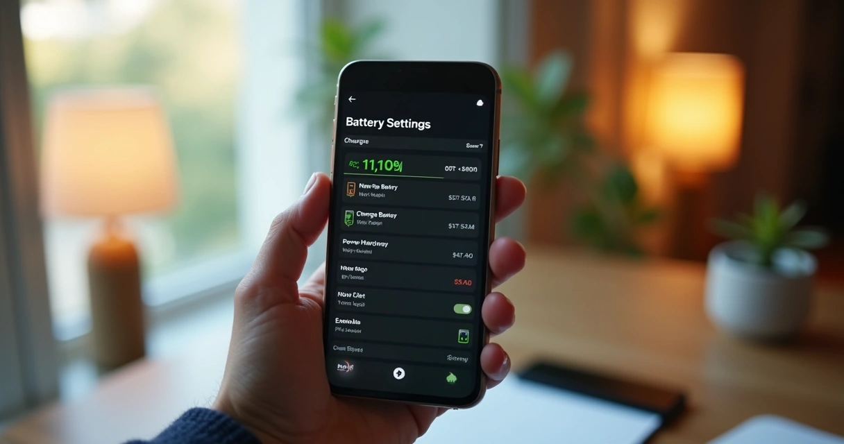Hand holding a smartphone while viewing battery settings screen 
