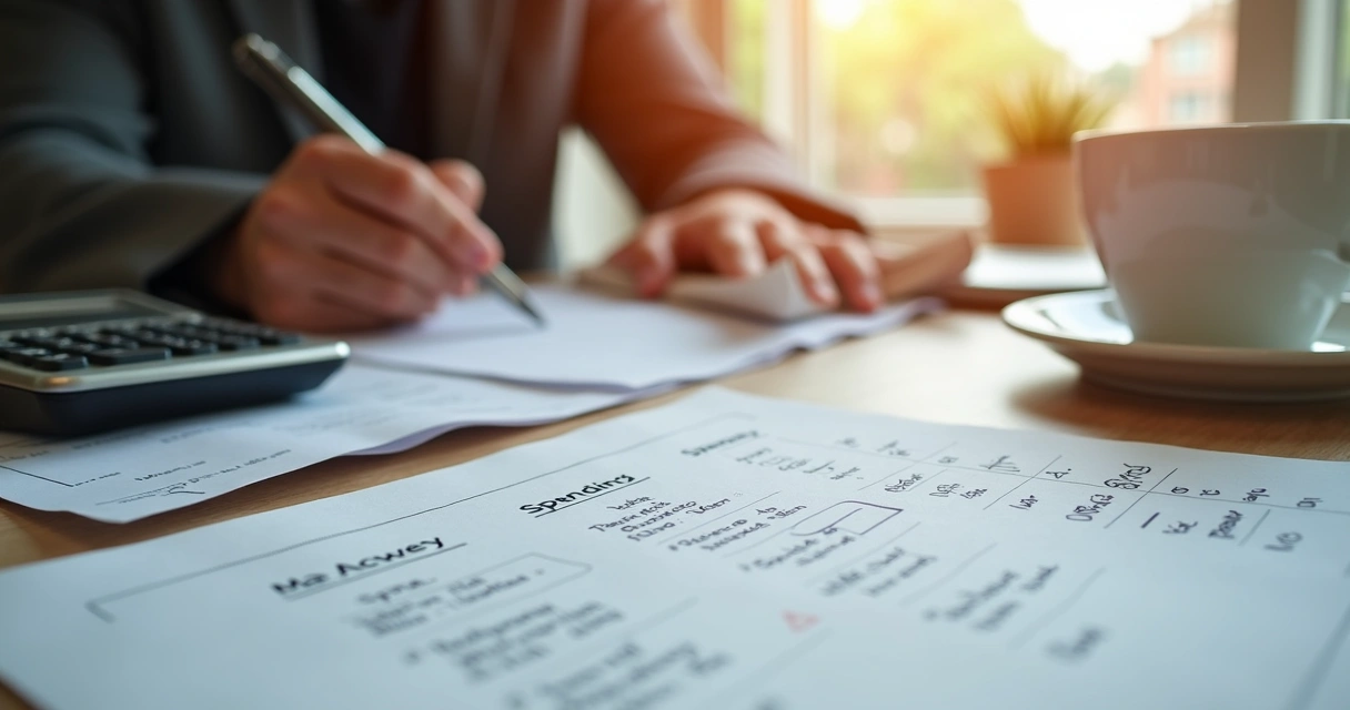 Person checking handwritten expenses list at desk 