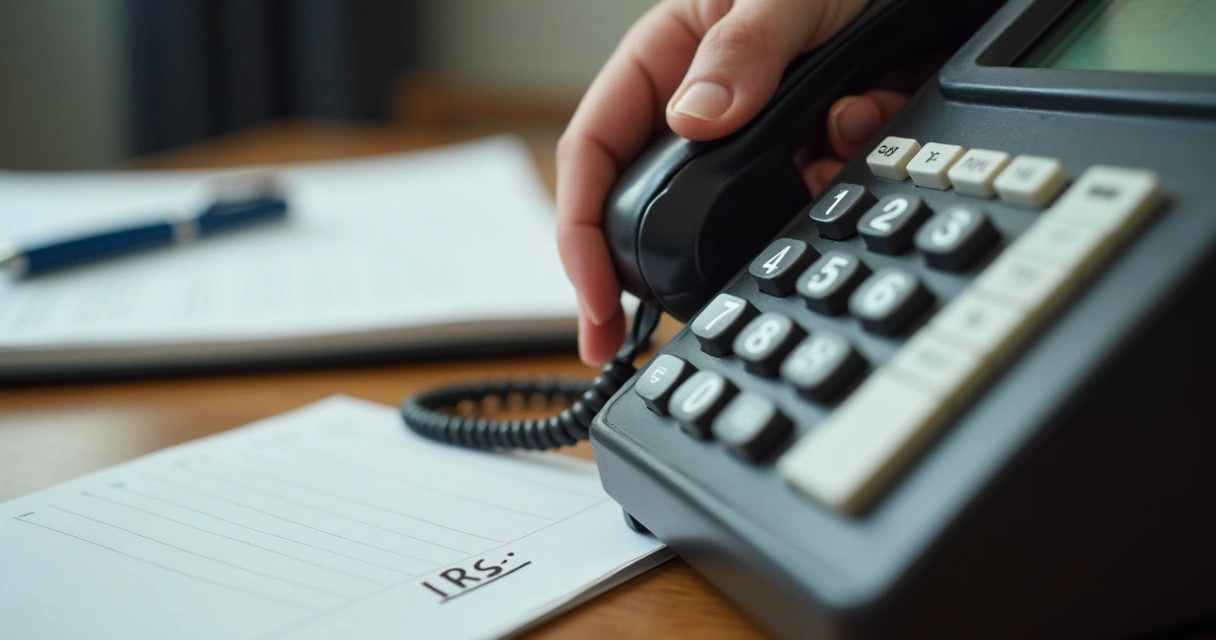 Hand holding a phone calling the IRS with a notepad and pen on table 