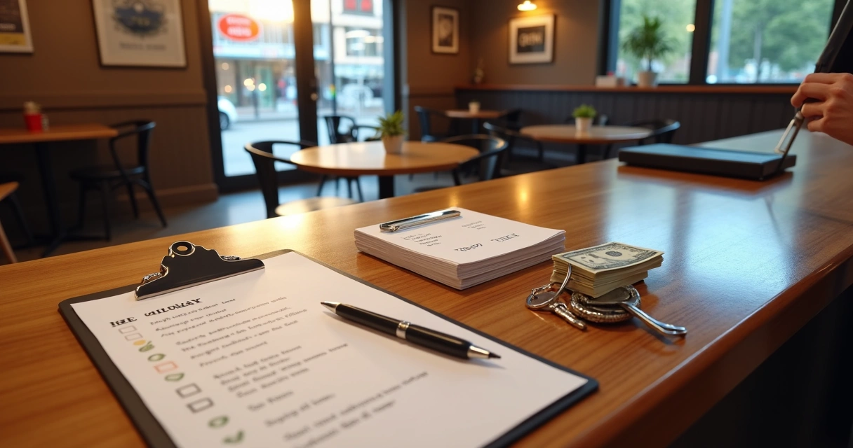 Checklist de abertura e fechamento ao lado de caixa de pequeno restaurante 