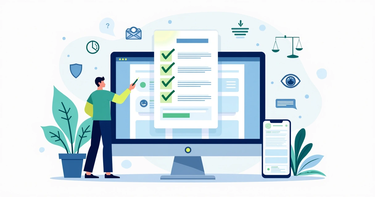 Ilustração de checklist de acessibilidade para landing page em tela de computador 
