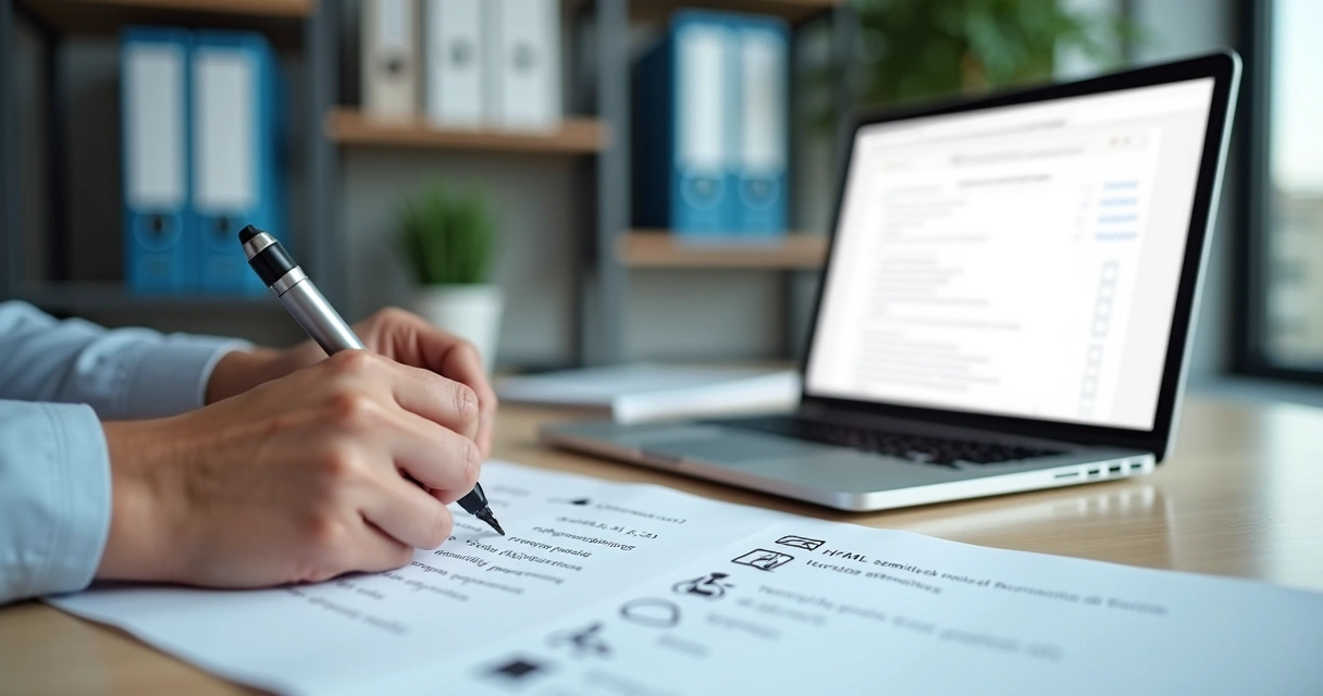 Profissional revisando checklist de acessibilidade em landing page de setor regulado na tela do notebook 