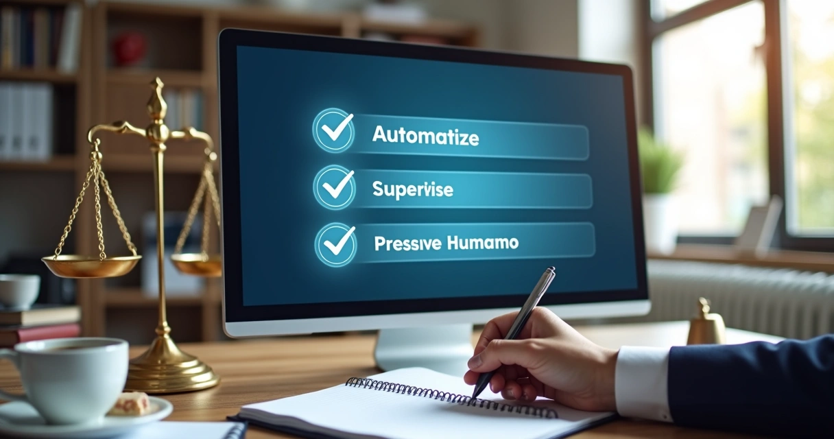 Checklist de tarefas jurídicas em tela de computador e caderno 