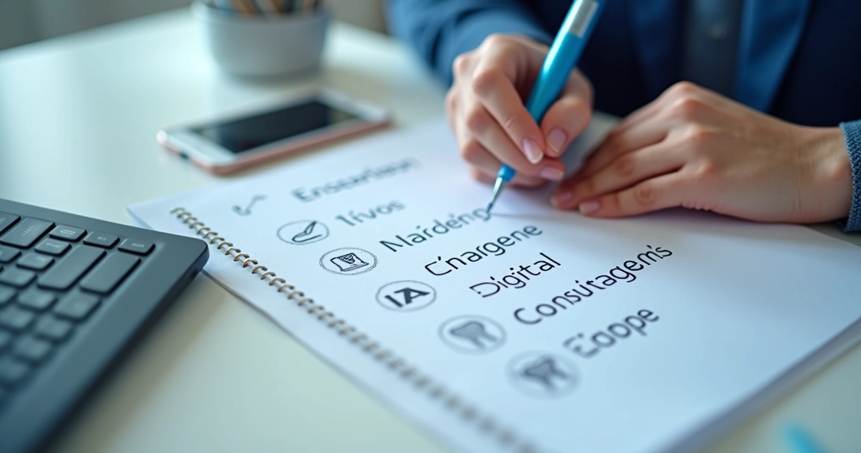 Checklist impresso sobre uma mesa, com ícones de marketing digital e odontologia 