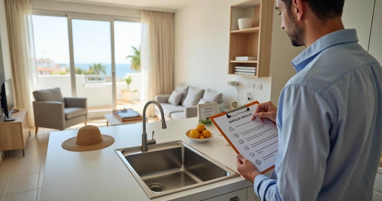 Proprietário verifica checklist de canalização numa cozinha de alojamento local moderno 