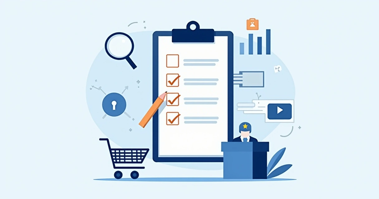 Por que seu primeiro e-commerce não vende? Checklist 2026 1 Lista visual de checagem para análise de e-commerce, com ícones de carrinho, cliente, cadeado, lupa, e caixa de produto